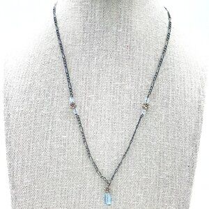 Vintage Silver Tone Chain Necklace With Blue Teardrop Pendant